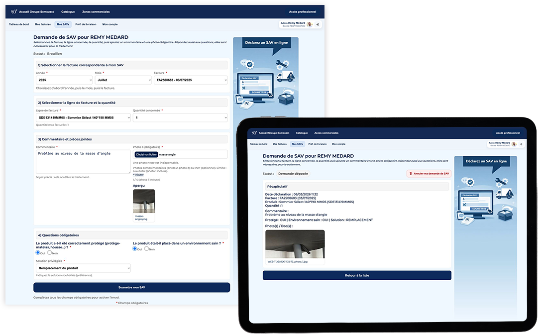 Écrans de déclaration et de suivi SAV